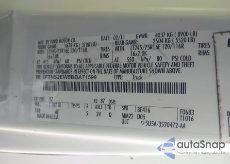 2011 Ford E-250 Commercial из США, поврежденный, VIN 1FTNS2EW5BDA71599